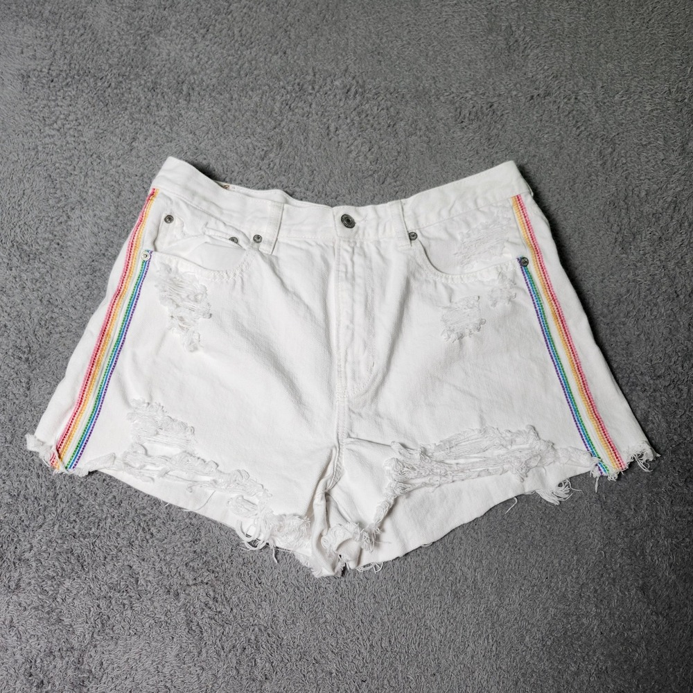 American Eagle Womens 12 Denim Shorts White Rainbow Stripe Distressed Raw Hem